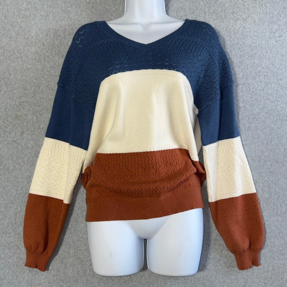 Zeagoo Womens Colorblock Pointelle Knit V-Neck Sweater Blue Cream Rust Large